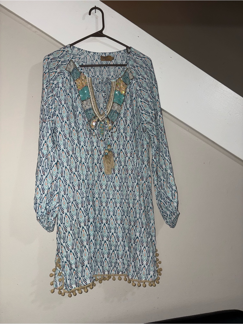 Skemo Boho Embellished Light Blue Printed Tunic Top Small